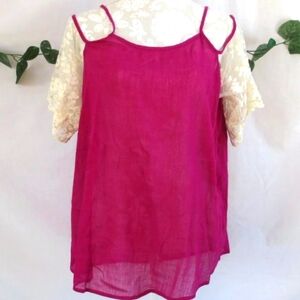 New Umgee Tunic Magenta Gauze Floral Lace Semi Sheer Flowy Cold Shoulder Size L